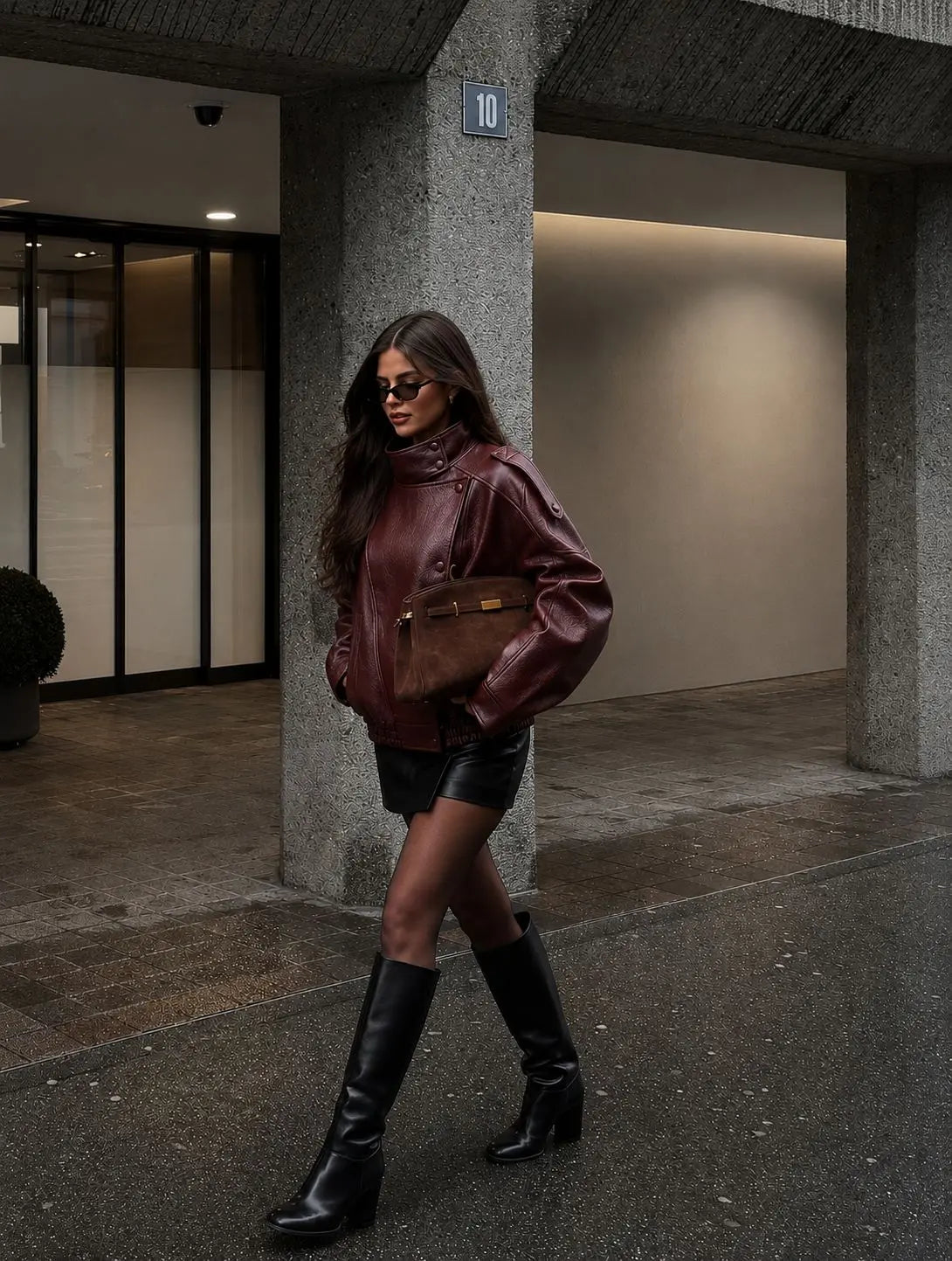 Marlowe | Pebble Faux Leather High-Neck Oversized Jacket