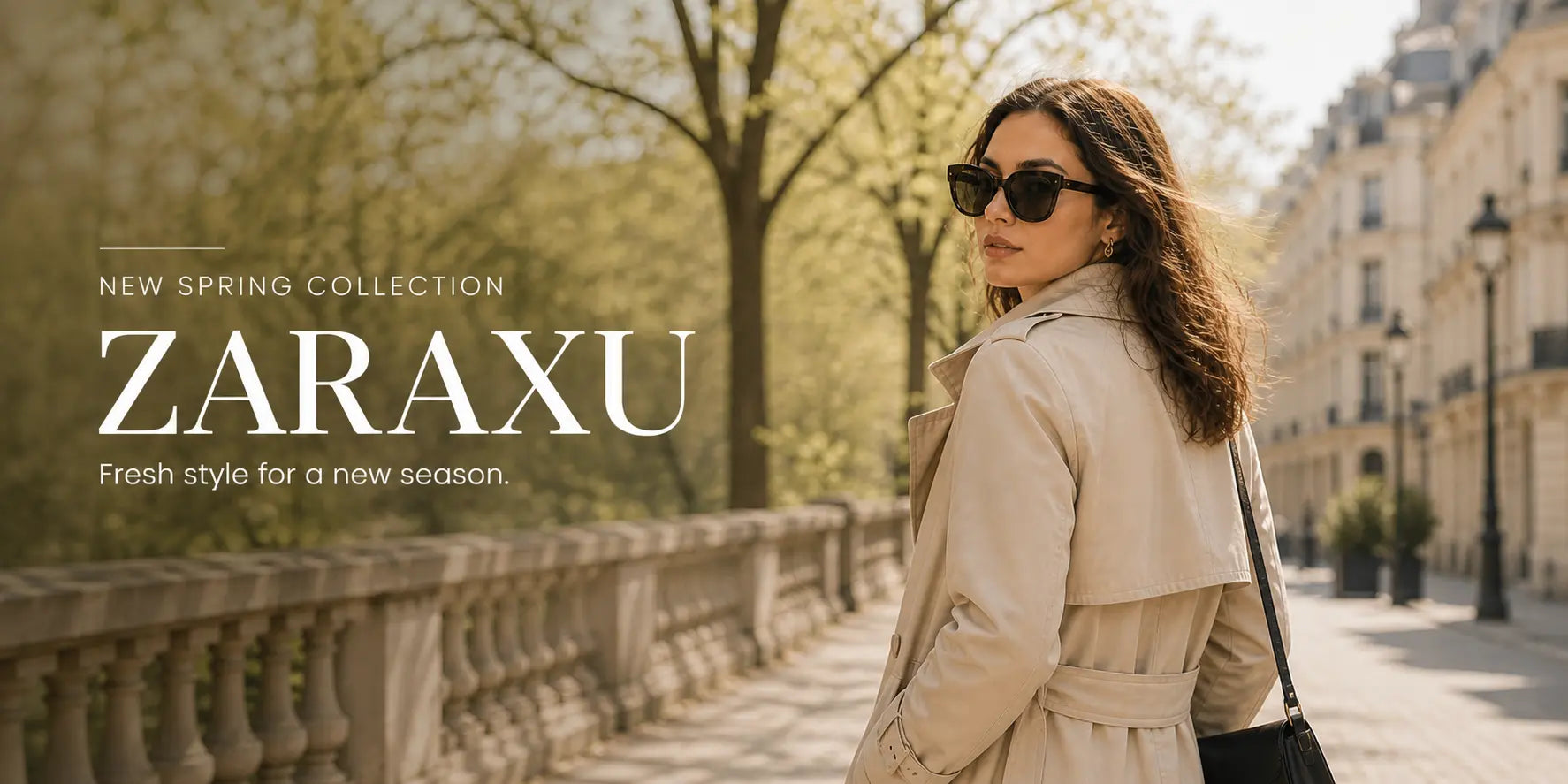 Elegant woman wearing a beige trench coat in a European city, promoting Zaraxu spring collection