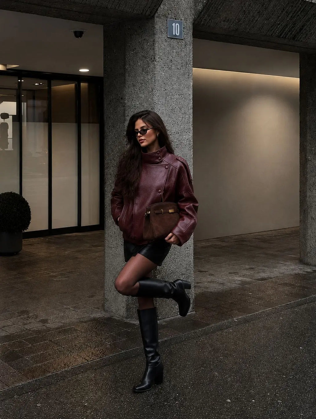 Marlowe | Pebble Faux Leather High-Neck Oversized Jacket