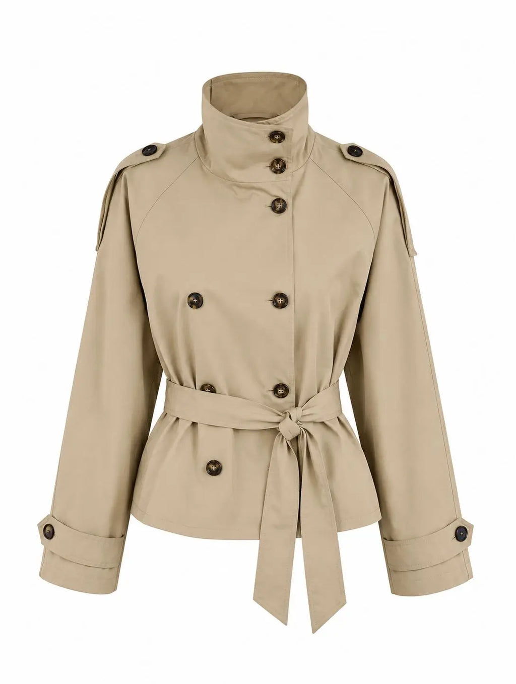 Blair Belted Waist Cropped Trench Jacket in Khaki – double-breasted front, stand turtleneck collar and self-tie waist belt